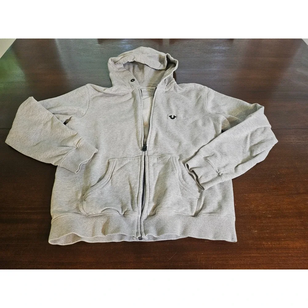 True Religion Zip Up Hoodie Large Gray Horseshoe Logo Fleece Sweatshirt